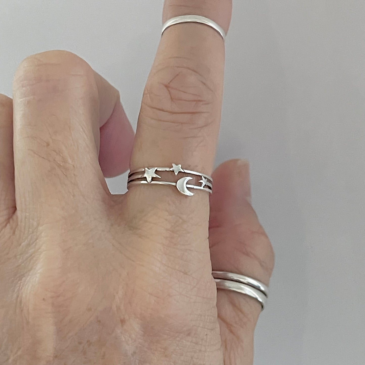 Sterling Silver Delicate Moon and Stars Ring, Minimalist Ring, Celestial Silver Rings