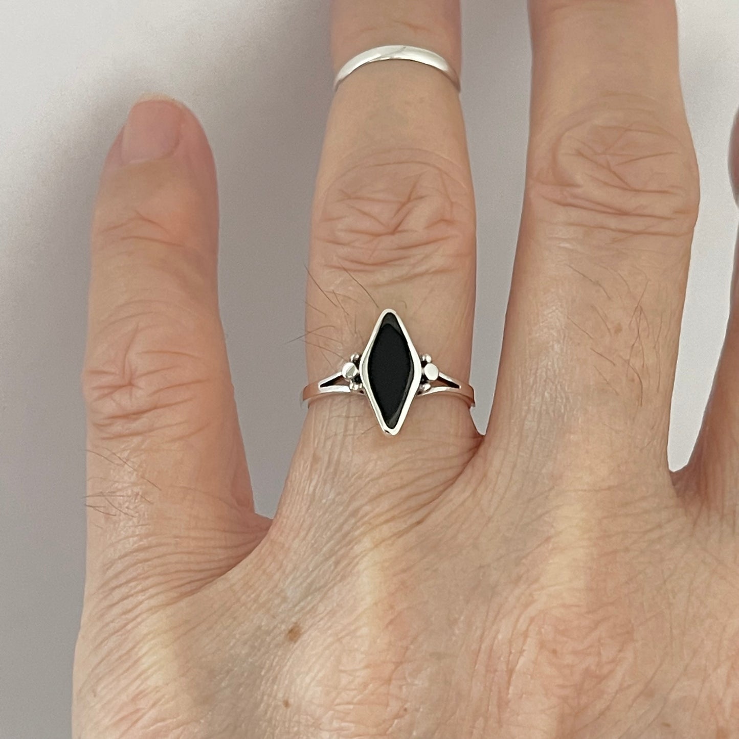 Sterling Silver Minimalist Diamond Shape Black Onyx Ring, Silver Stone Rings