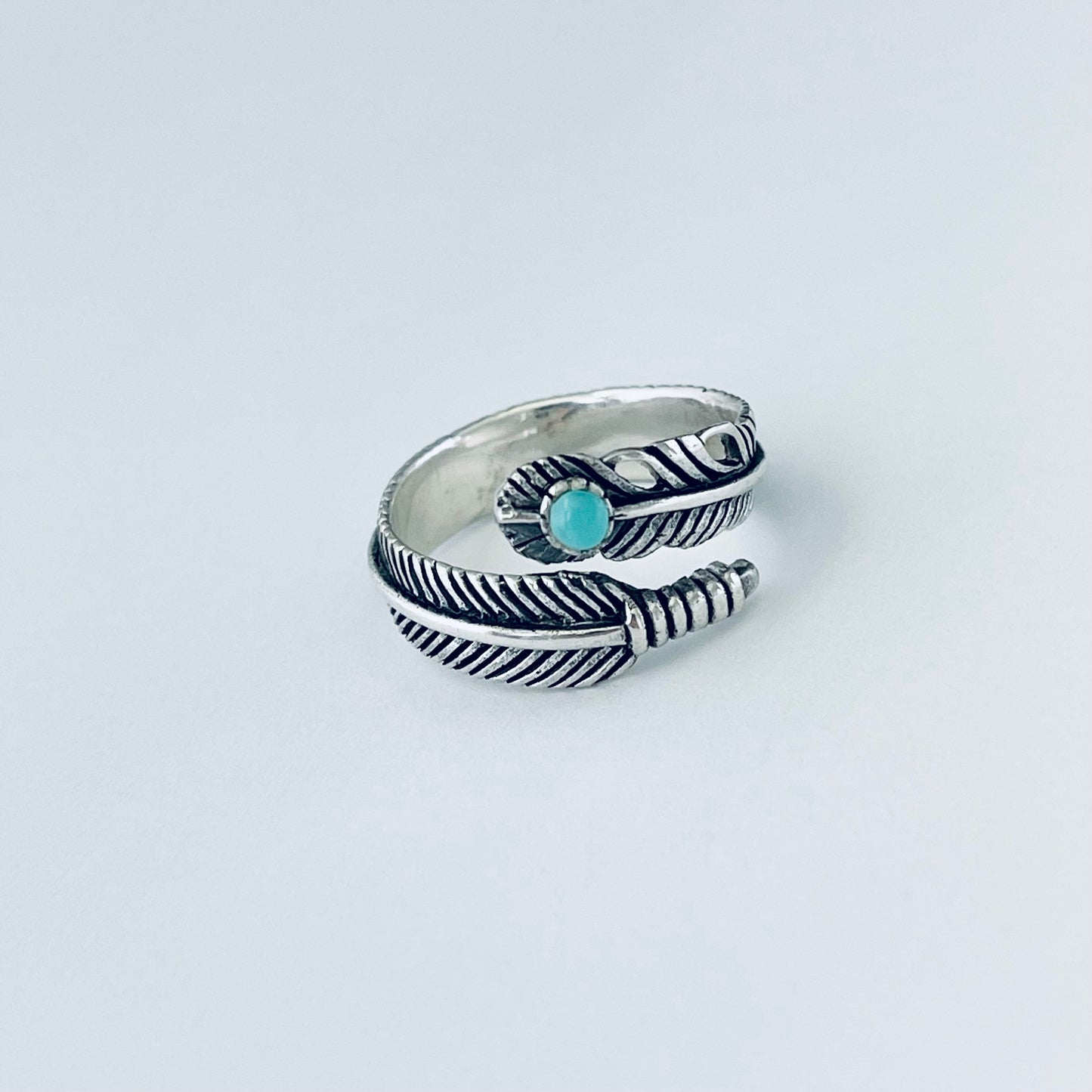 Sterling Silver Wraparound Feather Ring with Synthetic Turquoise Stone, Silver Rings