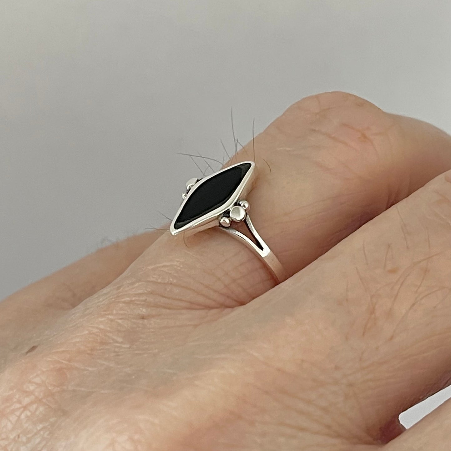 Sterling Silver Minimalist Diamond Shape Black Onyx Ring, Silver Stone Rings