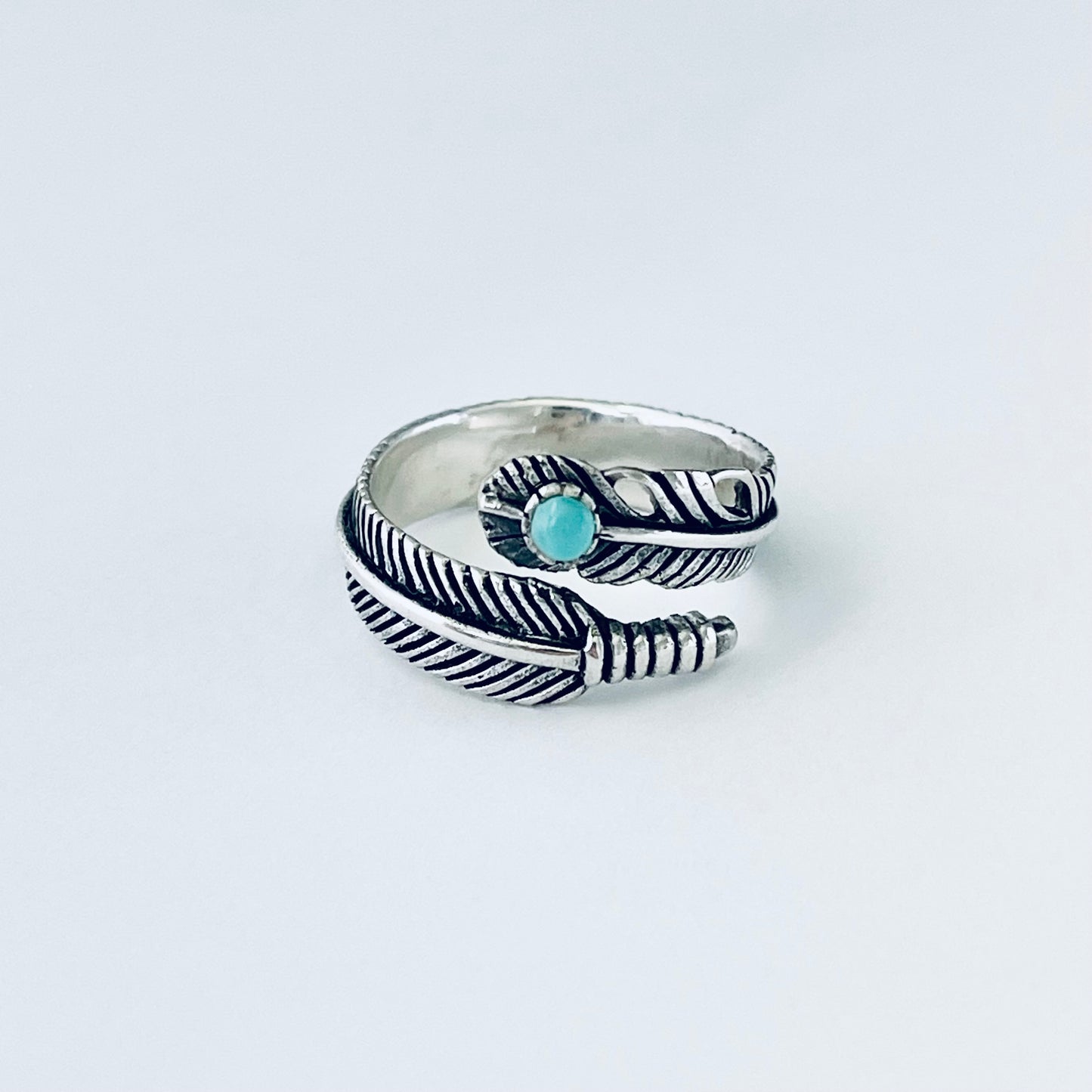 Sterling Silver Wraparound Feather Ring with Synthetic Turquoise Stone, Silver Rings