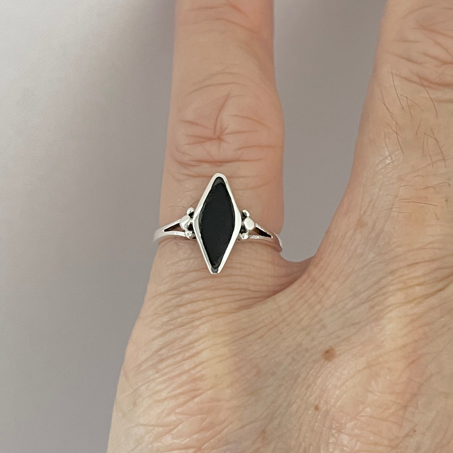 Sterling Silver Minimalist Diamond Shape Black Onyx Ring, Silver Stone Rings