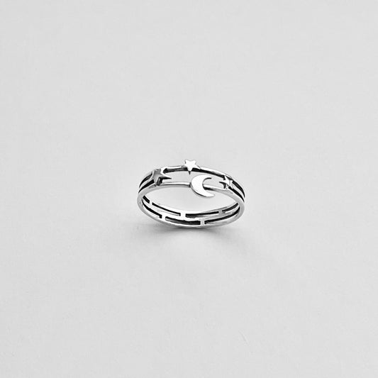 Sterling Silver Delicate Moon and Stars Ring, Minimalist Ring, Celestial Silver Rings