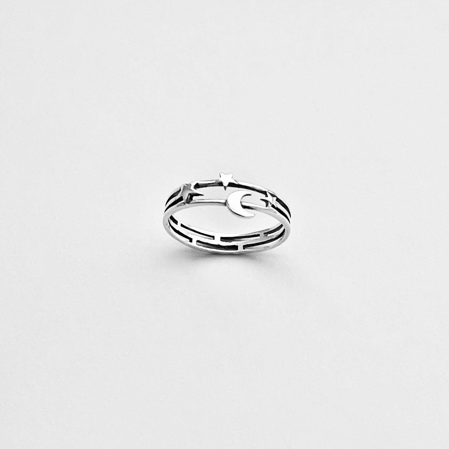 925 Sterling Silver Delicate Moon and Stars Ring | Celestial Minimalist Silver Rings
