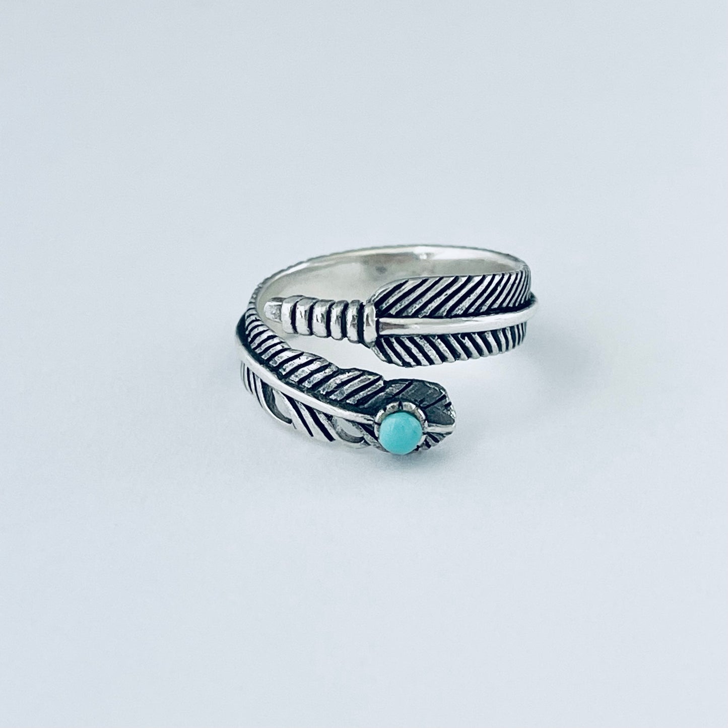 Sterling Silver Wraparound Feather Ring with Synthetic Turquoise Stone, Silver Rings