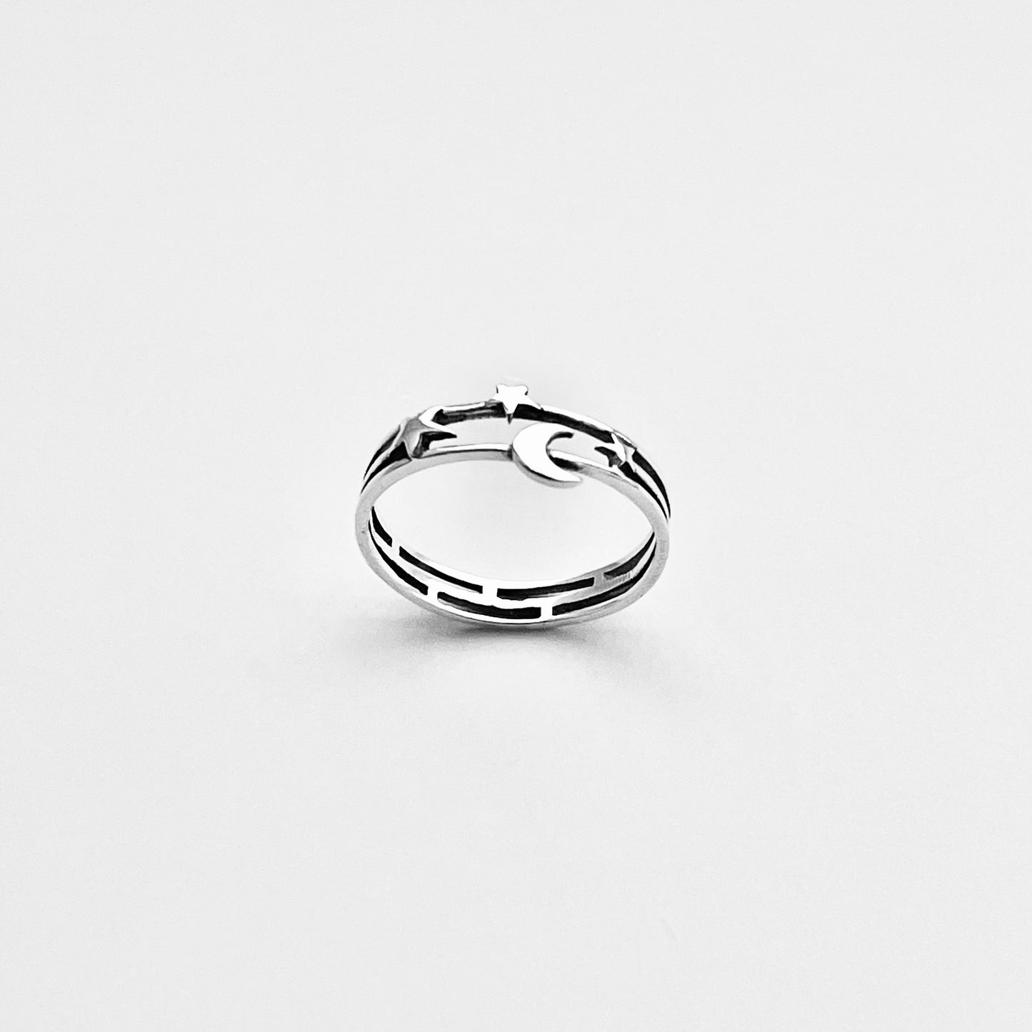925 Sterling Silver Delicate Moon and Stars Ring | Celestial Minimalist Silver Rings