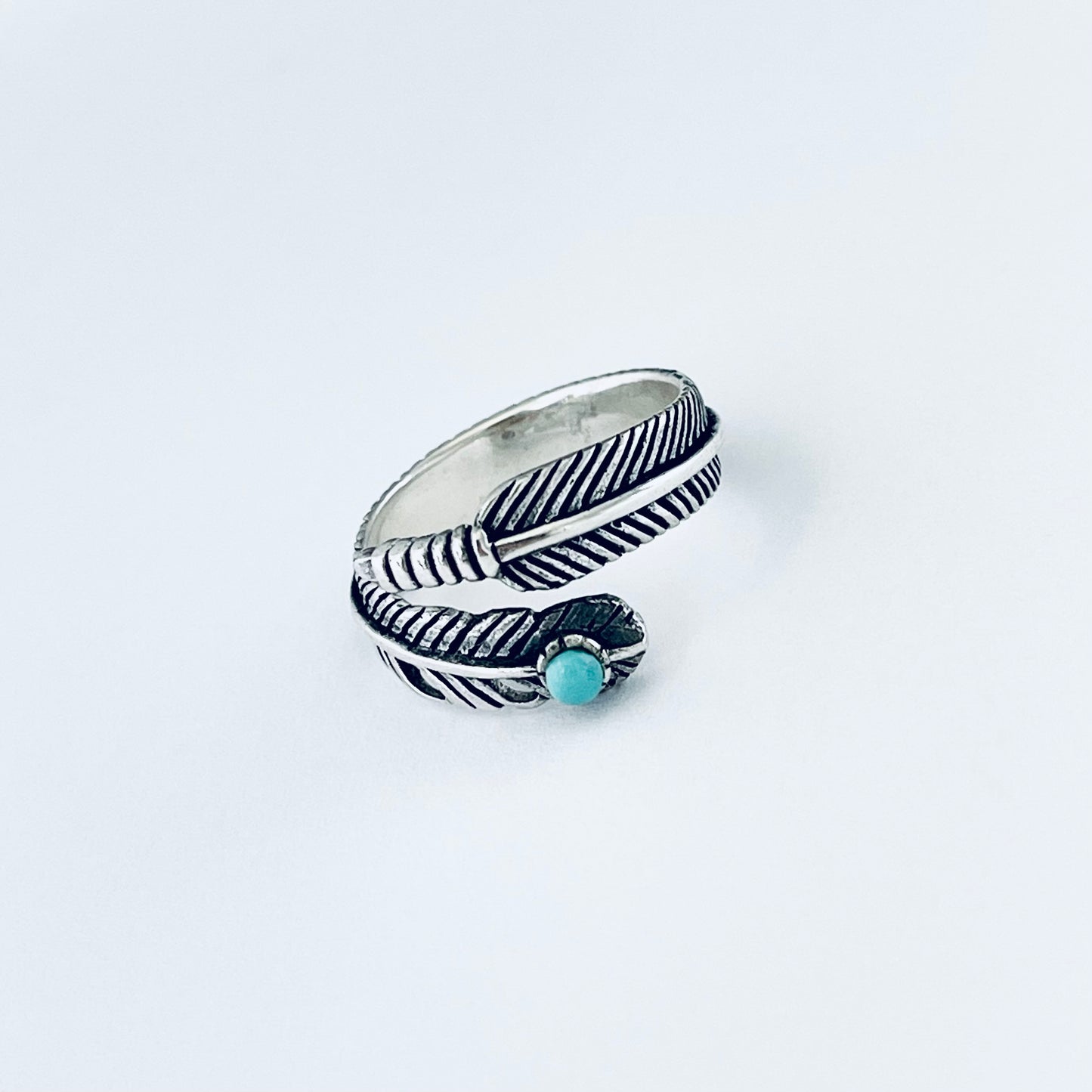 Sterling Silver Wraparound Feather Ring with Synthetic Turquoise Stone, Silver Rings