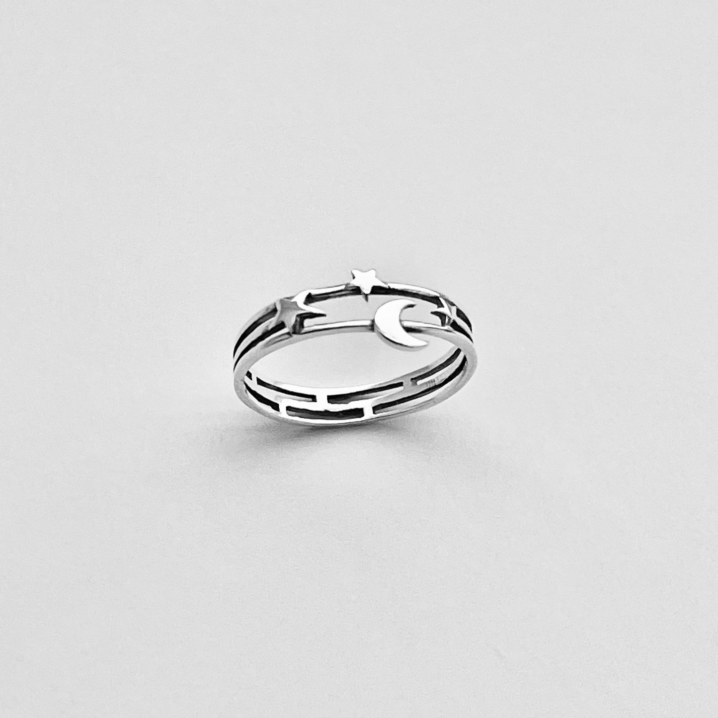 Sterling Silver Delicate Moon and Stars Ring, Minimalist Ring, Celestial Silver Rings