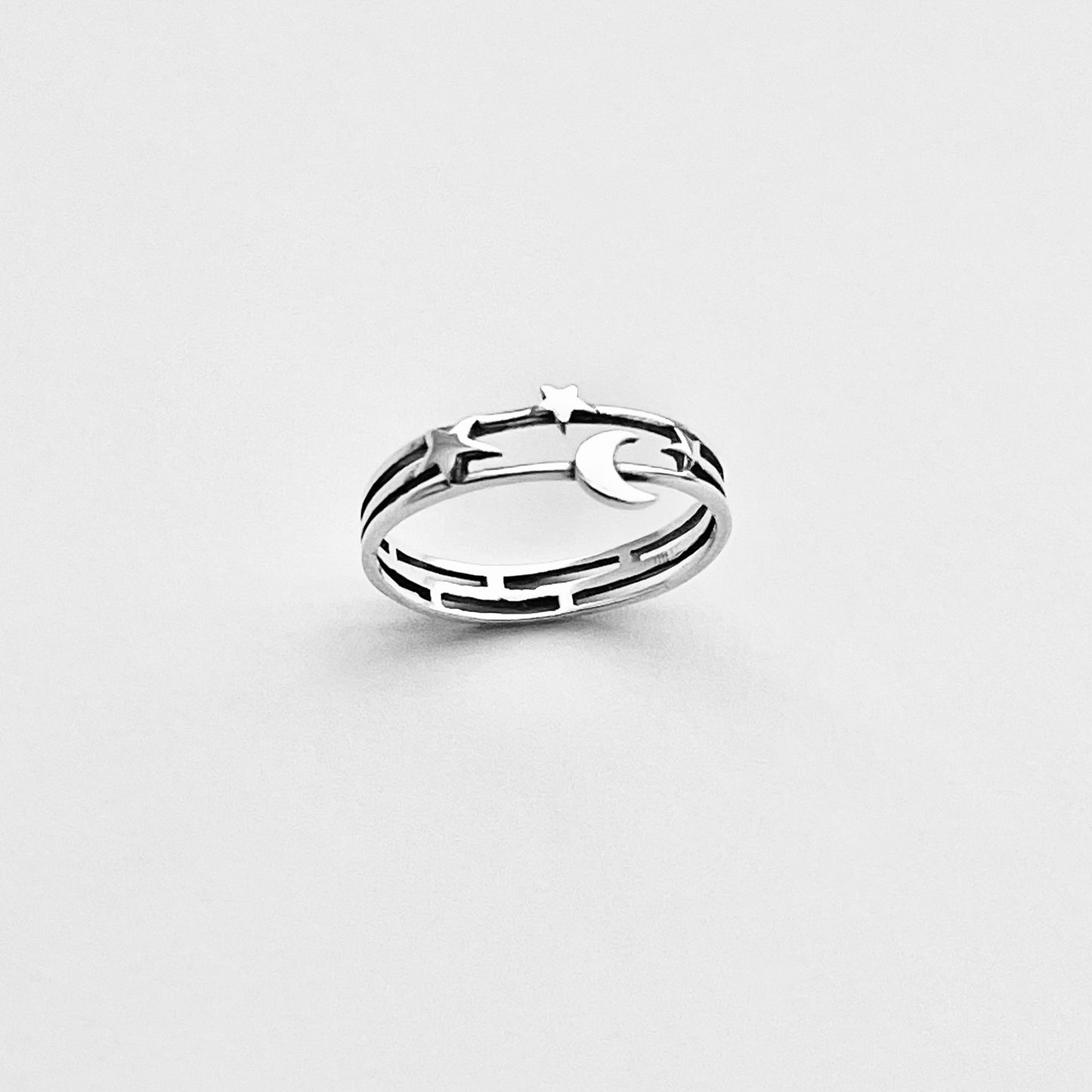 925 Sterling Silver Delicate Moon and Stars Ring | Celestial Minimalist Silver Rings