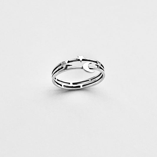 925 Sterling Silver Delicate Moon and Stars Ring | Celestial Minimalist Silver Rings