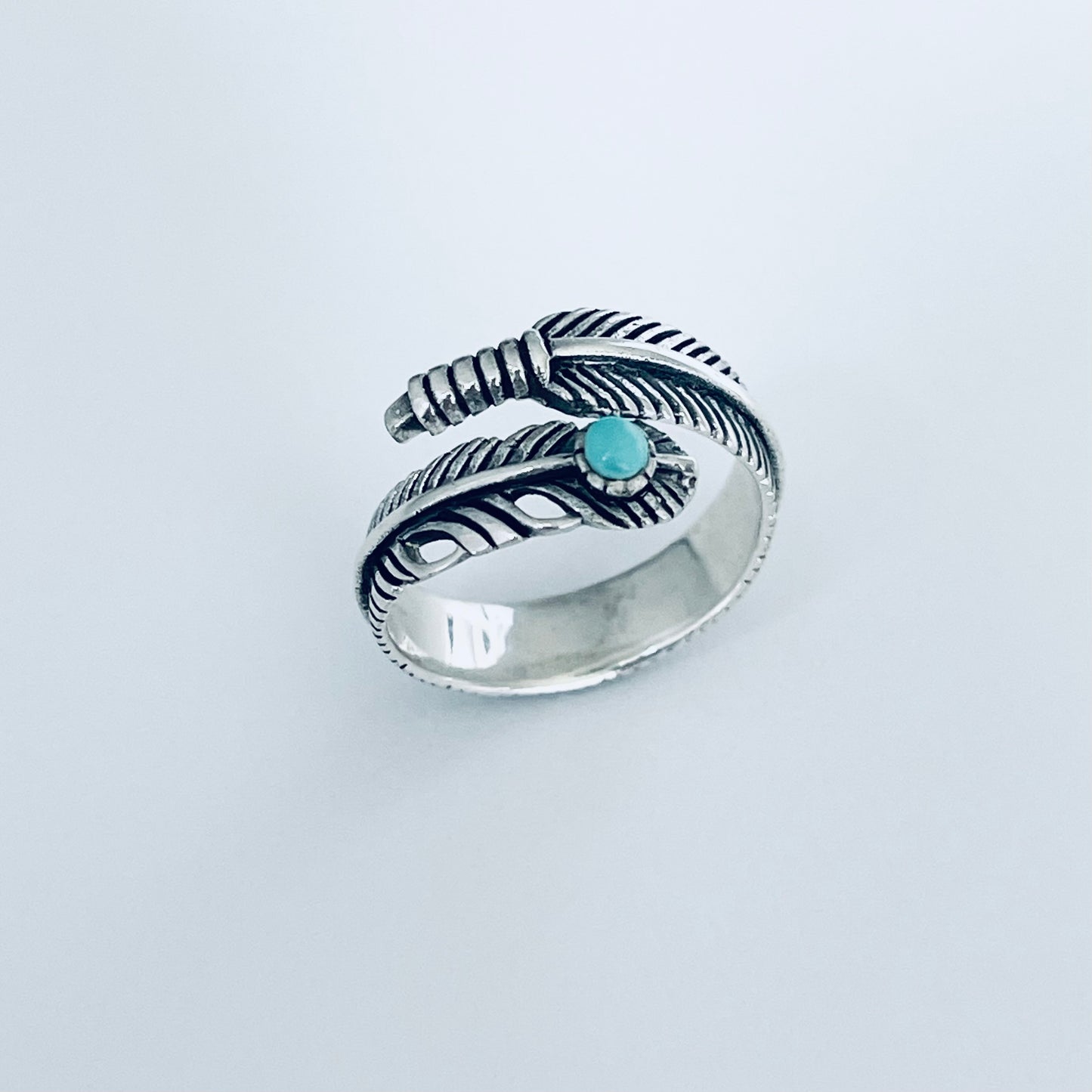 Sterling Silver Wraparound Feather Ring with Synthetic Turquoise Stone, Silver Rings