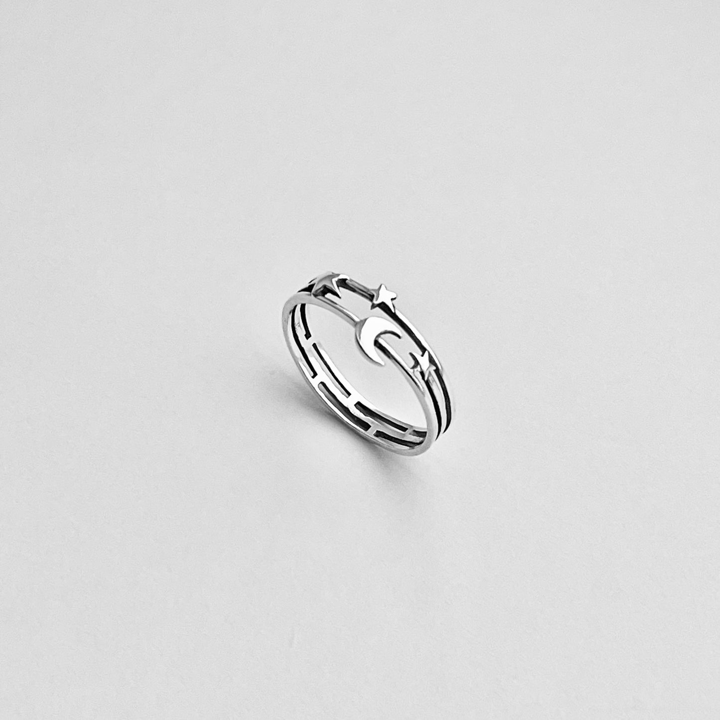 Sterling Silver Delicate Moon and Stars Ring, Minimalist Ring, Celestial Silver Rings