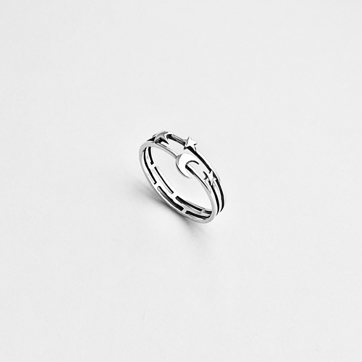 925 Sterling Silver Delicate Moon and Stars Ring | Celestial Minimalist Silver Rings