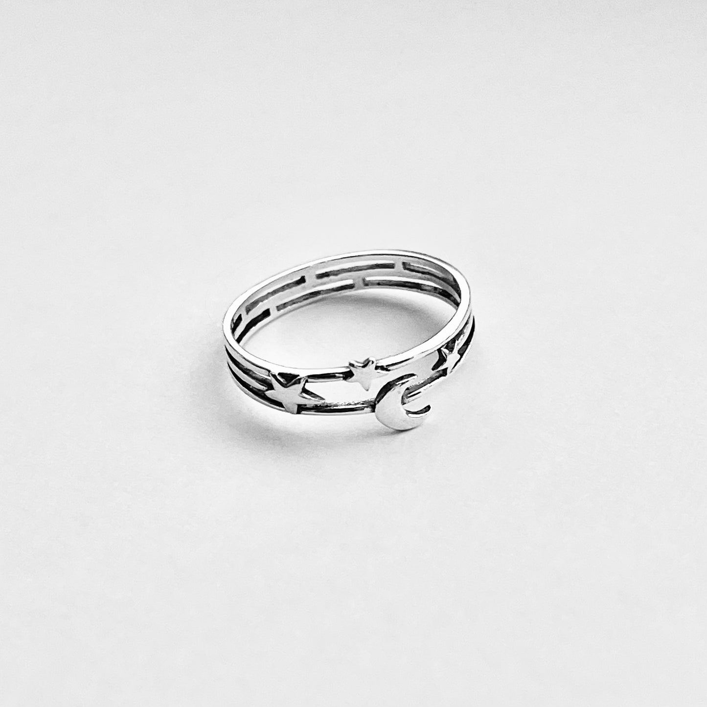 925 Sterling Silver Delicate Moon and Stars Ring | Celestial Minimalist Silver Rings
