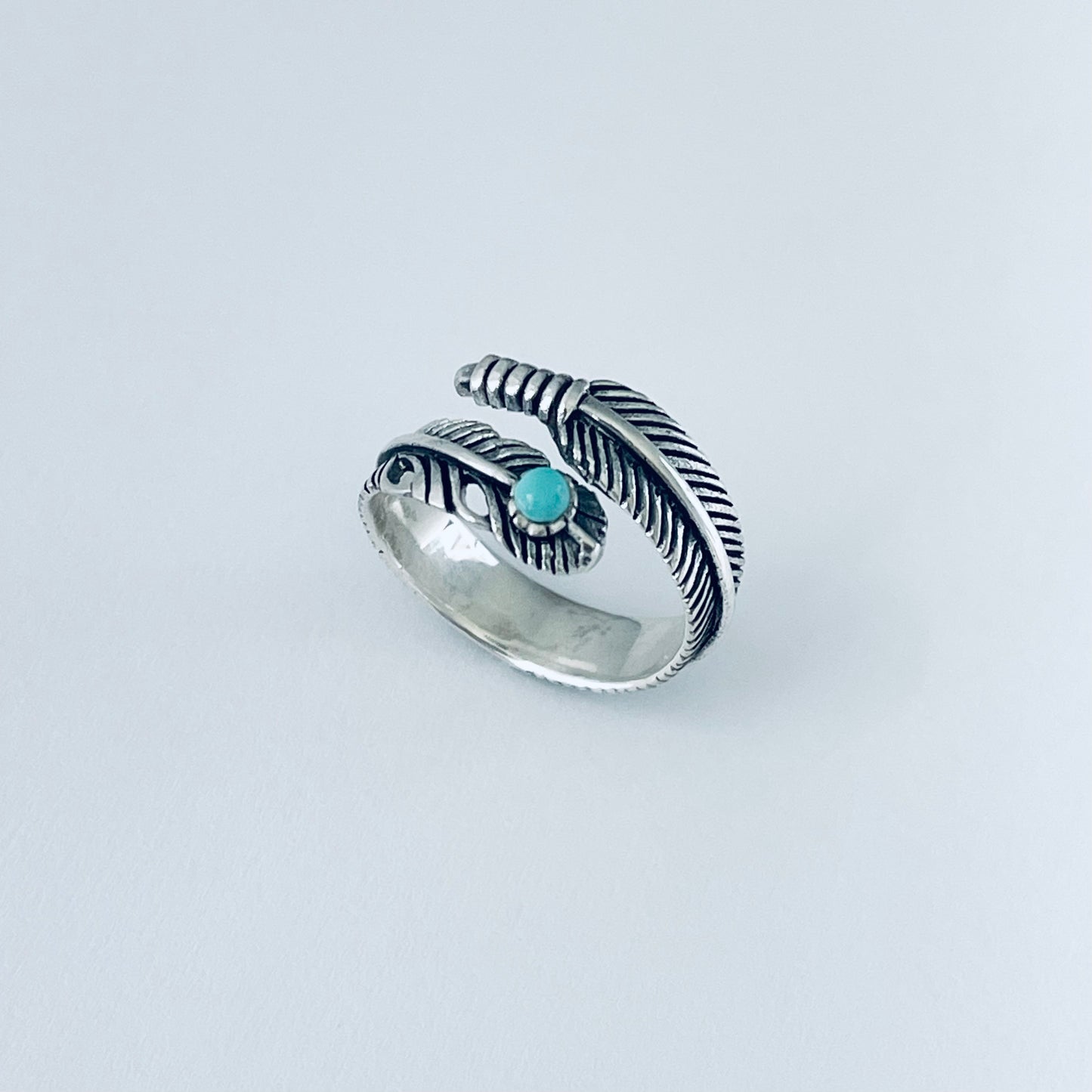 Sterling Silver Wraparound Feather Ring with Synthetic Turquoise Stone, Silver Rings