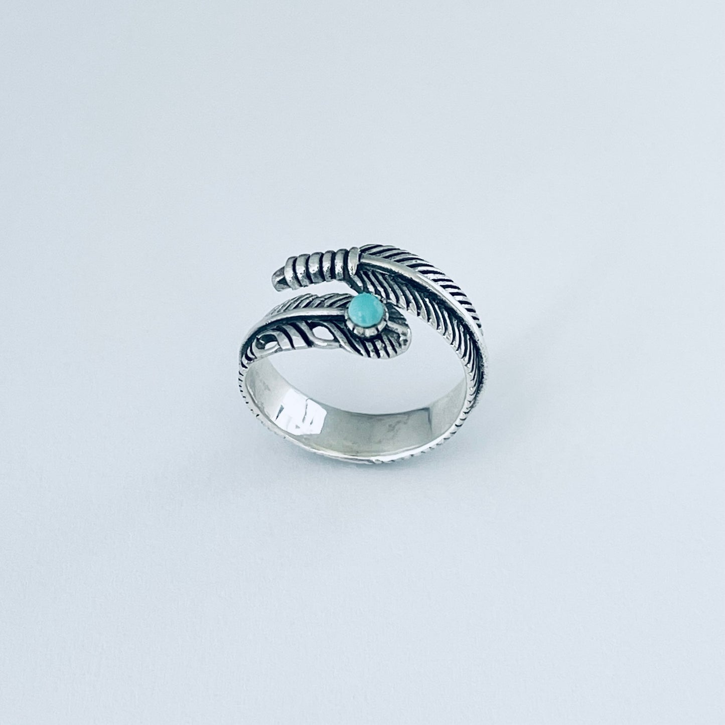 Sterling Silver Wraparound Feather Ring with Synthetic Turquoise Stone, Silver Rings