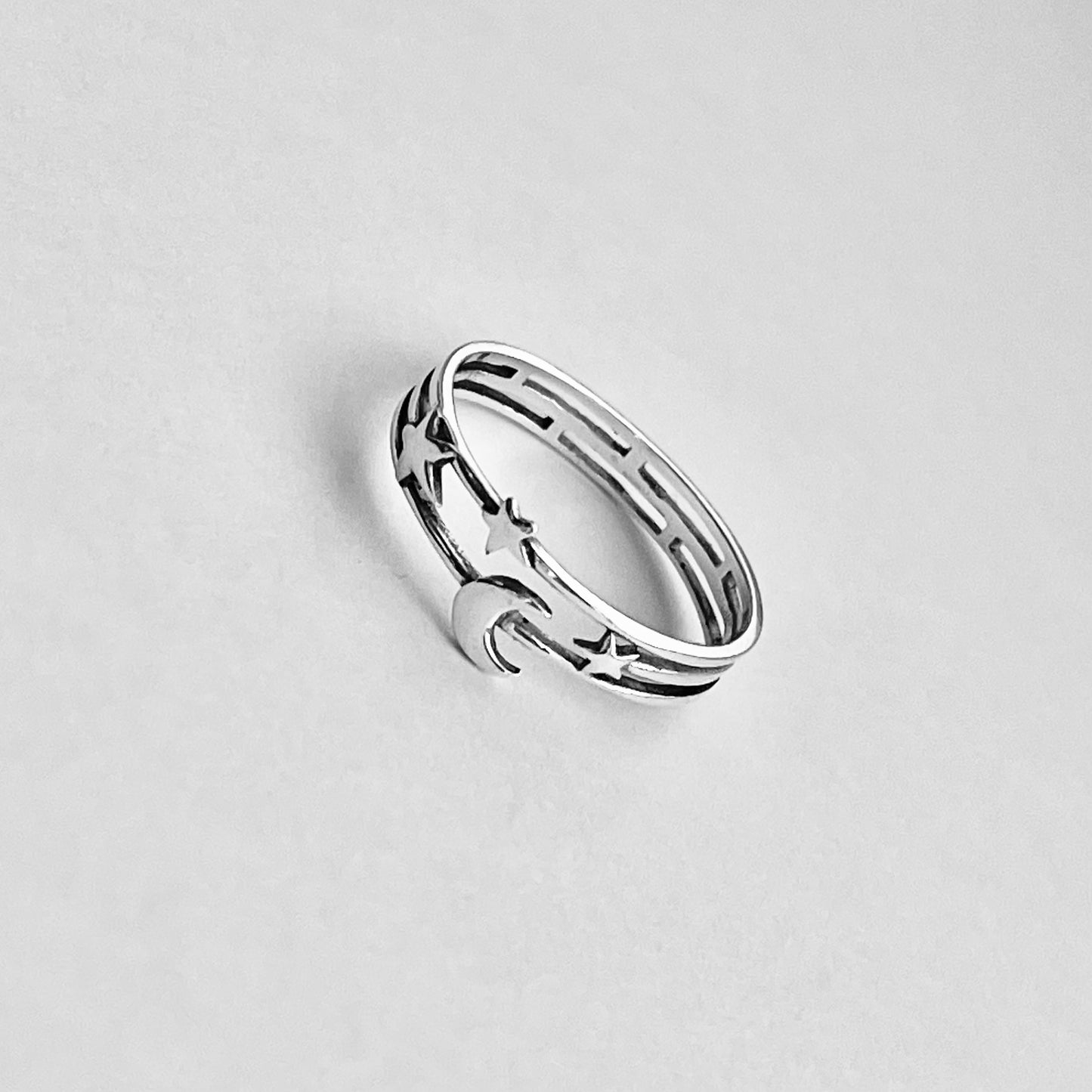 Sterling Silver Delicate Moon and Stars Ring, Minimalist Ring, Celestial Silver Rings