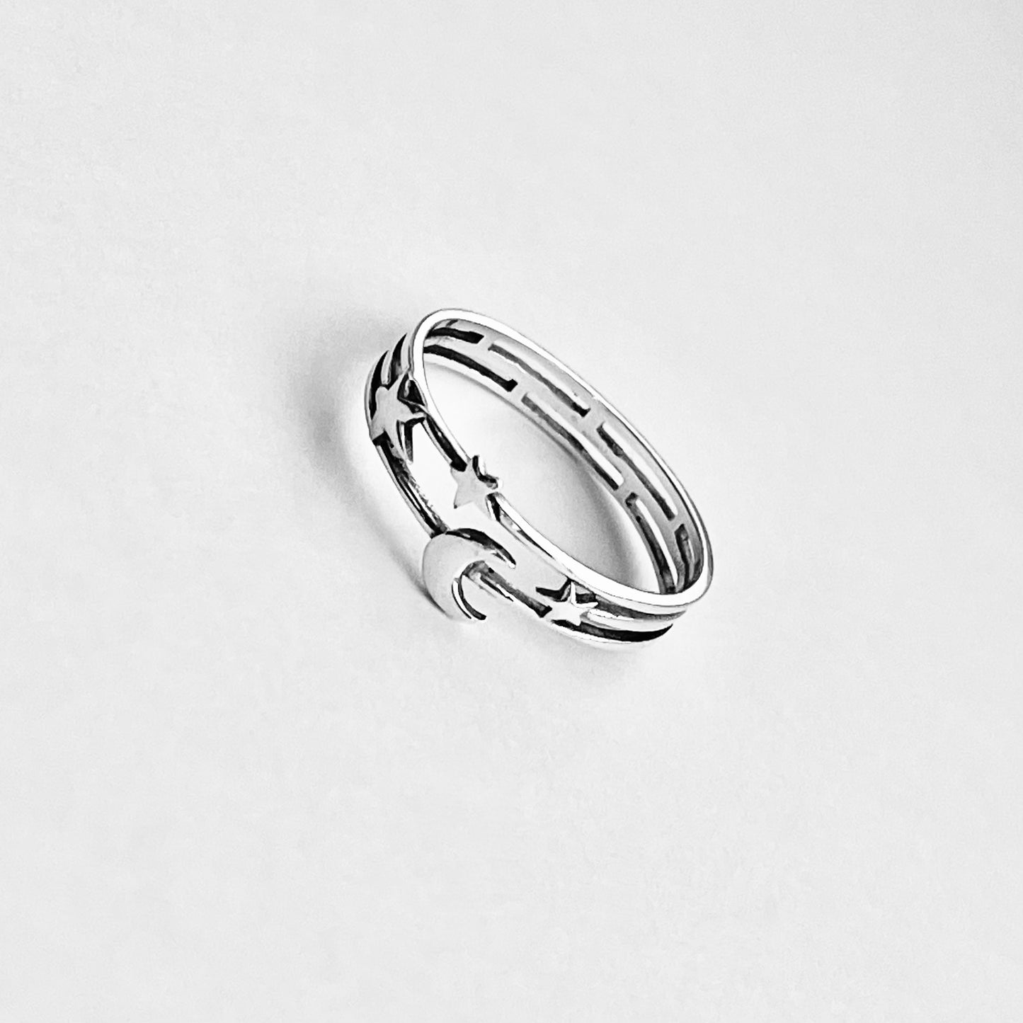 925 Sterling Silver Delicate Moon and Stars Ring | Celestial Minimalist Silver Rings