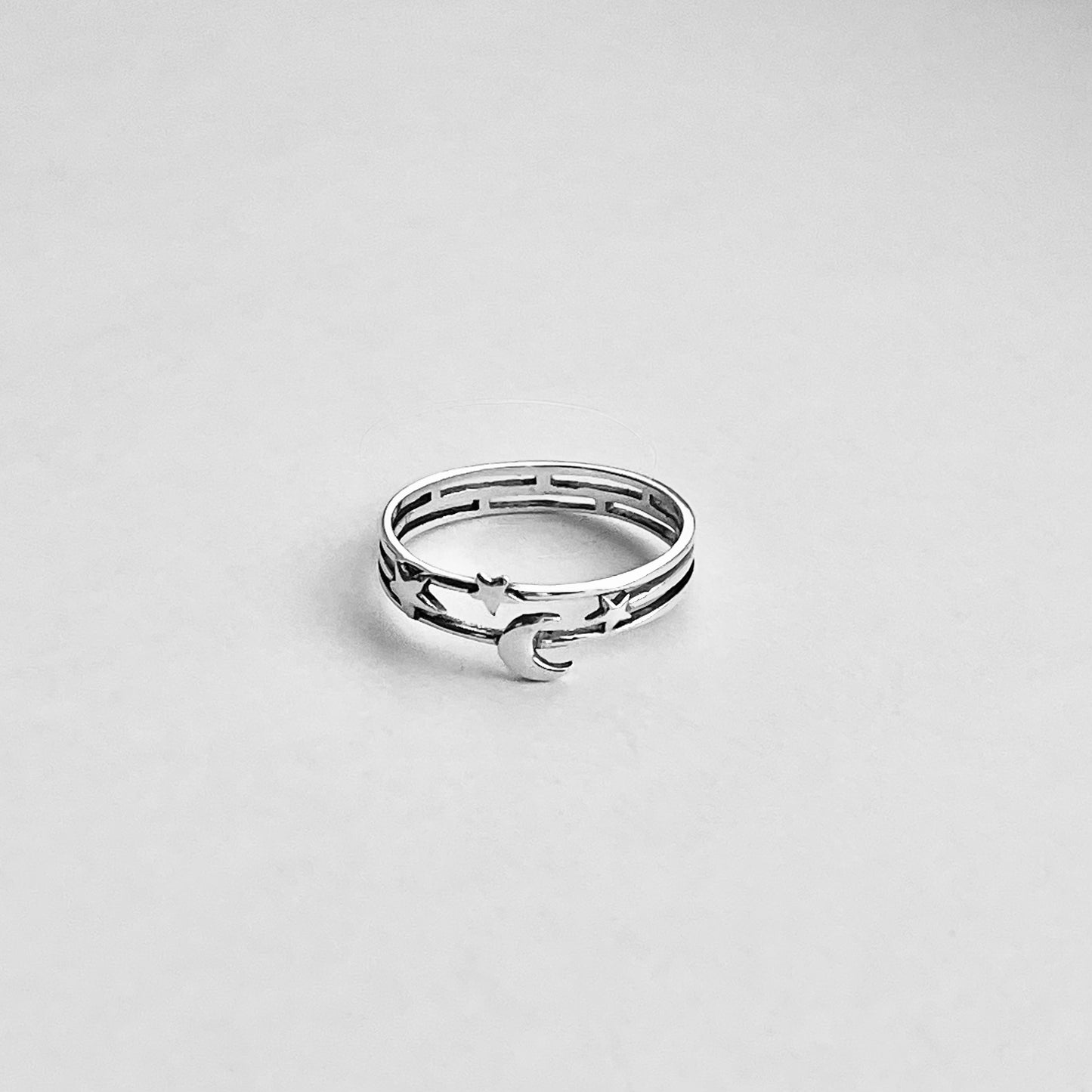 Sterling Silver Delicate Moon and Stars Ring, Minimalist Ring, Celestial Silver Rings