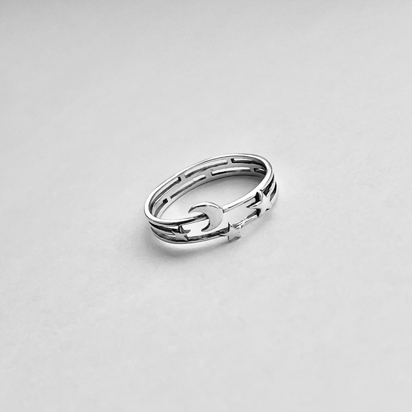 Sterling Silver Delicate Moon and Stars Ring, Minimalist Ring, Celestial Silver Rings