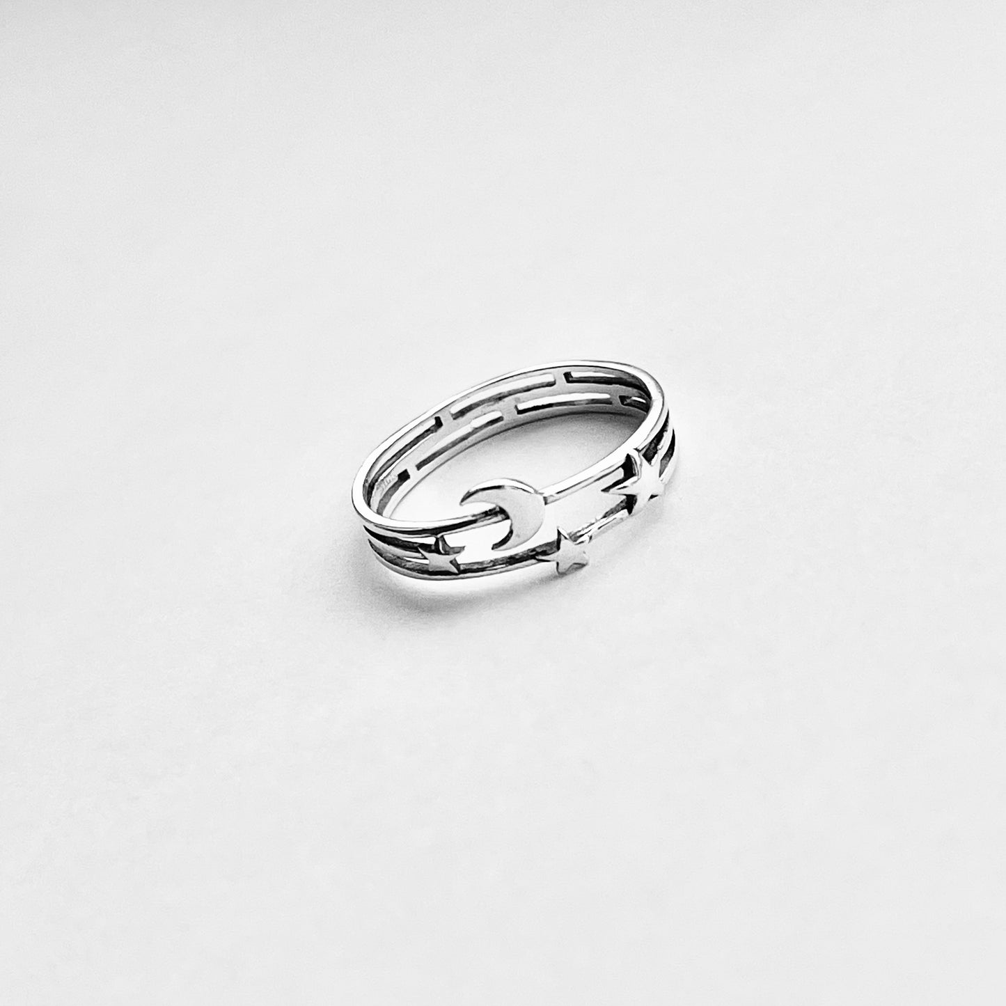 925 Sterling Silver Delicate Moon and Stars Ring | Celestial Minimalist Silver Rings