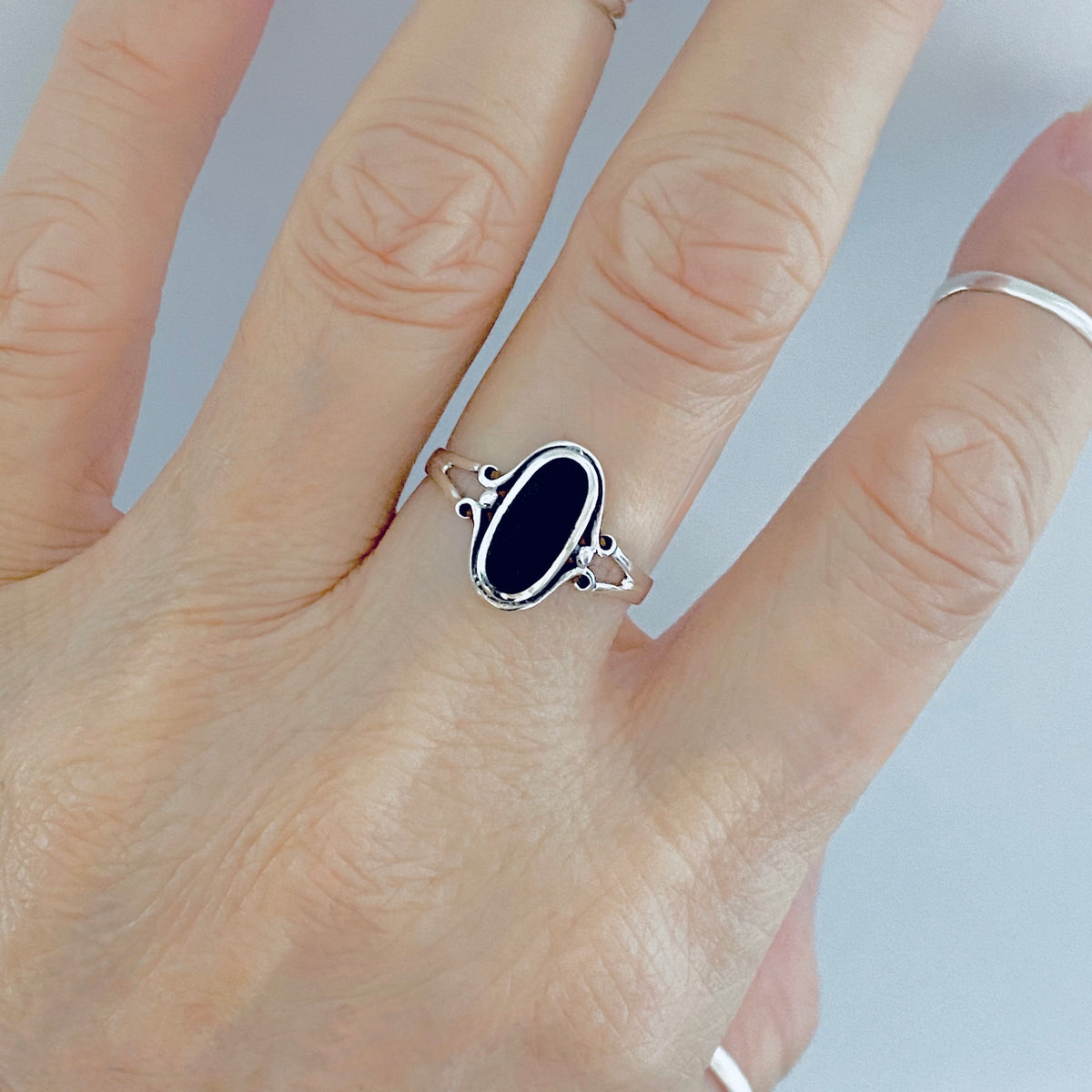 925 Sterling Silver Oval Black Onyx Ring | Dainty Stone Silver Rings