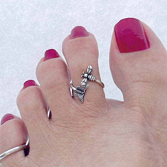 Sterling Silver Butterfly and Bee Toe Ring, Silver Rings, Spirit Bugs, Butterflies