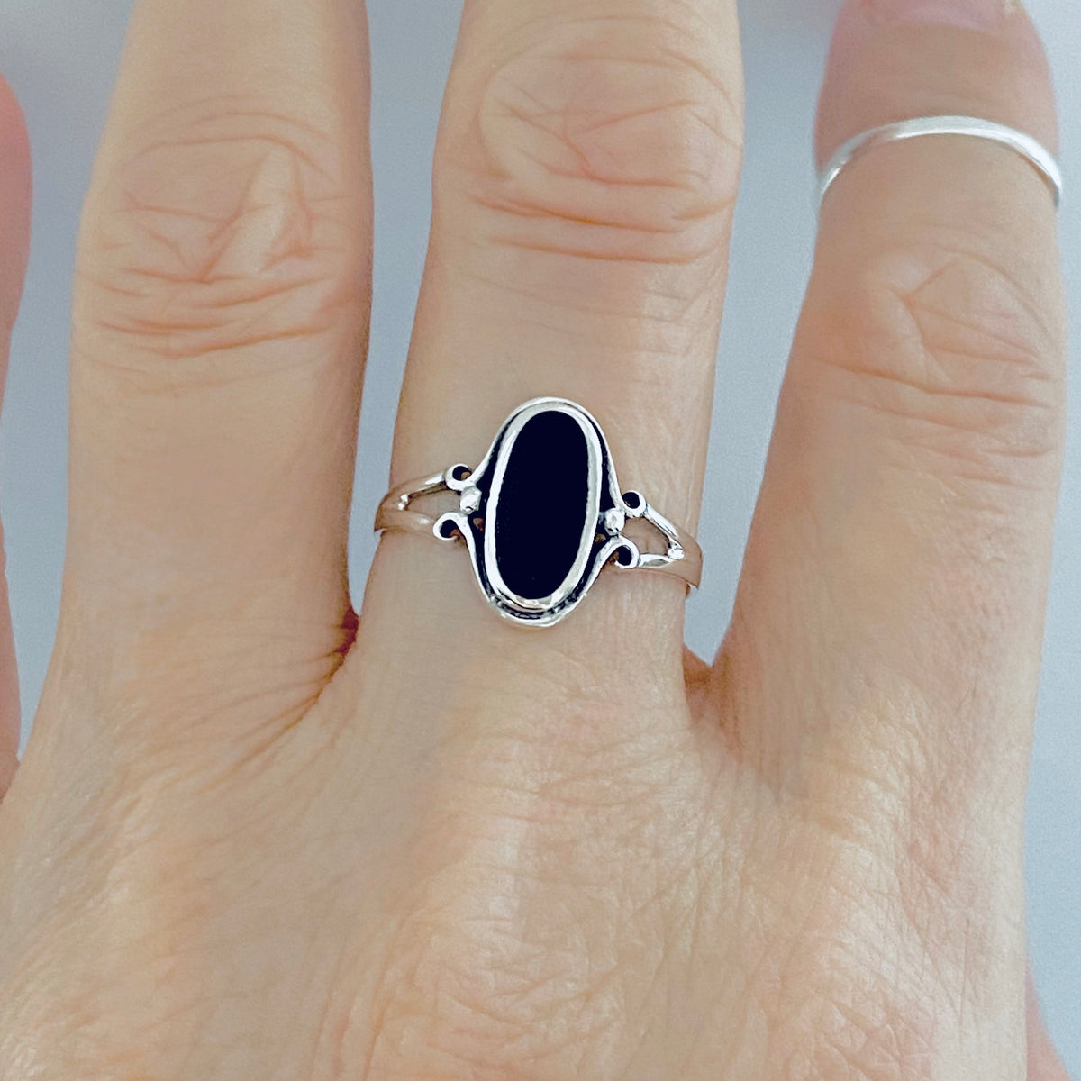 925 Sterling Silver Oval Black Onyx Ring | Dainty Stone Silver Rings