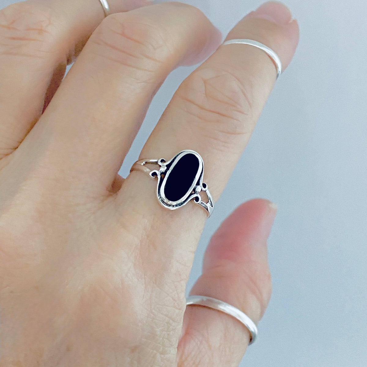925 Sterling Silver Oval Black Onyx Ring | Dainty Stone Silver Rings