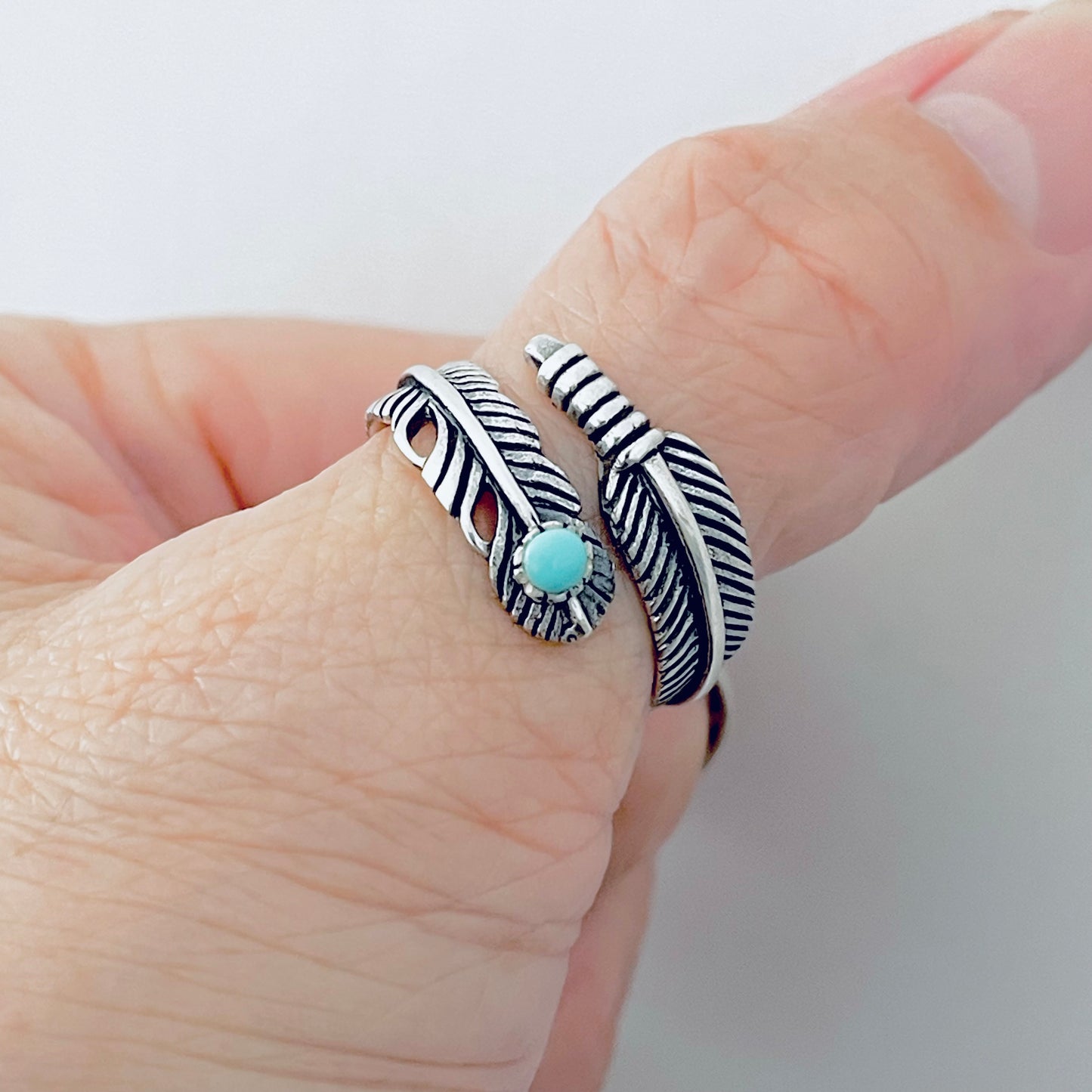 Sterling Silver Wraparound Feather Ring with Synthetic Turquoise Stone, Silver Rings