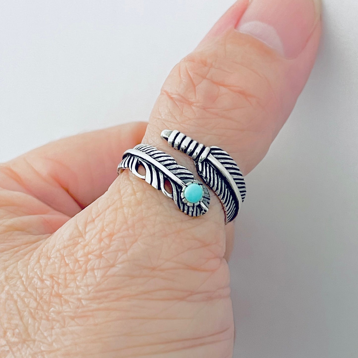 Sterling Silver Wraparound Feather Ring with Synthetic Turquoise Stone, Silver Rings
