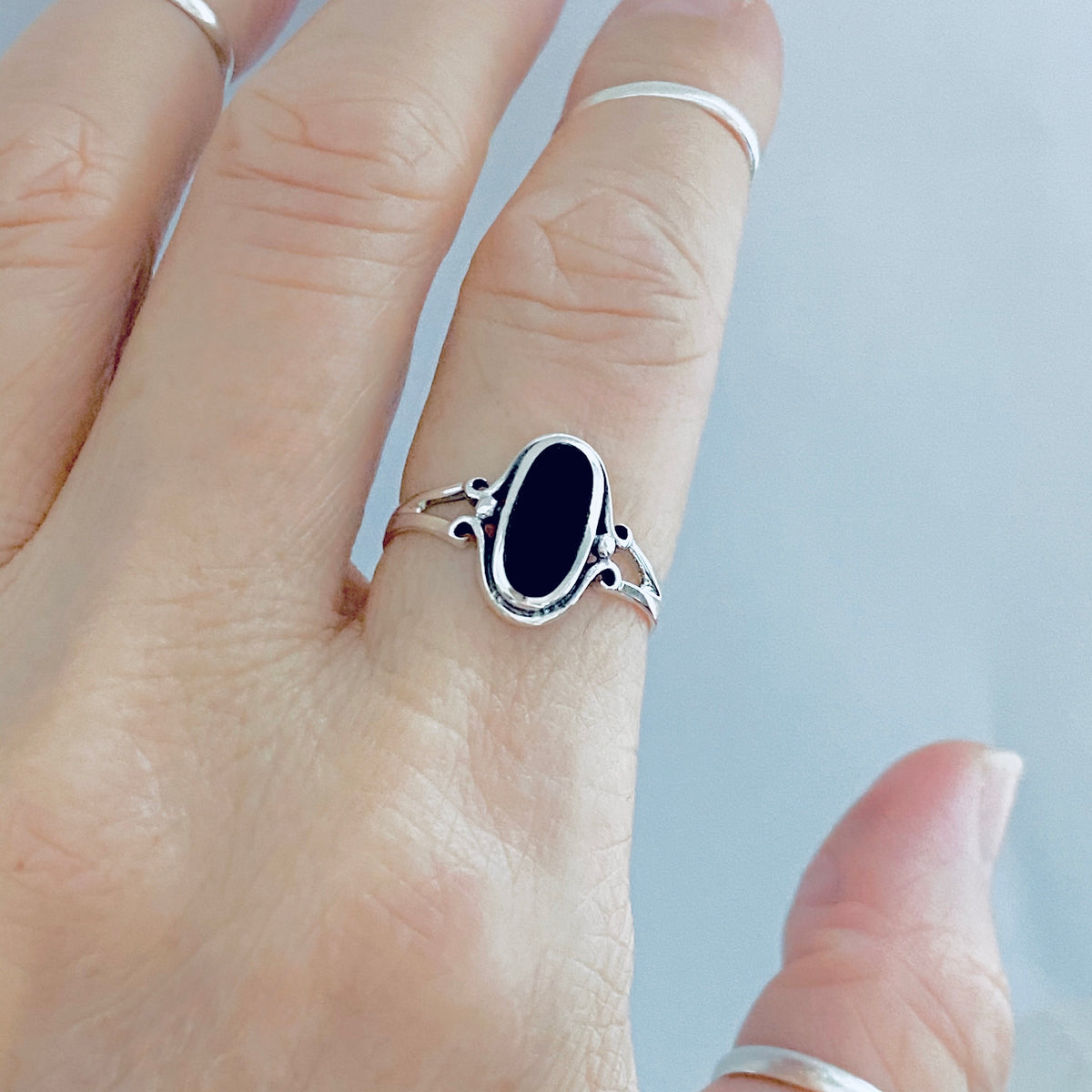 925 Sterling Silver Oval Black Onyx Ring | Dainty Stone Silver Rings
