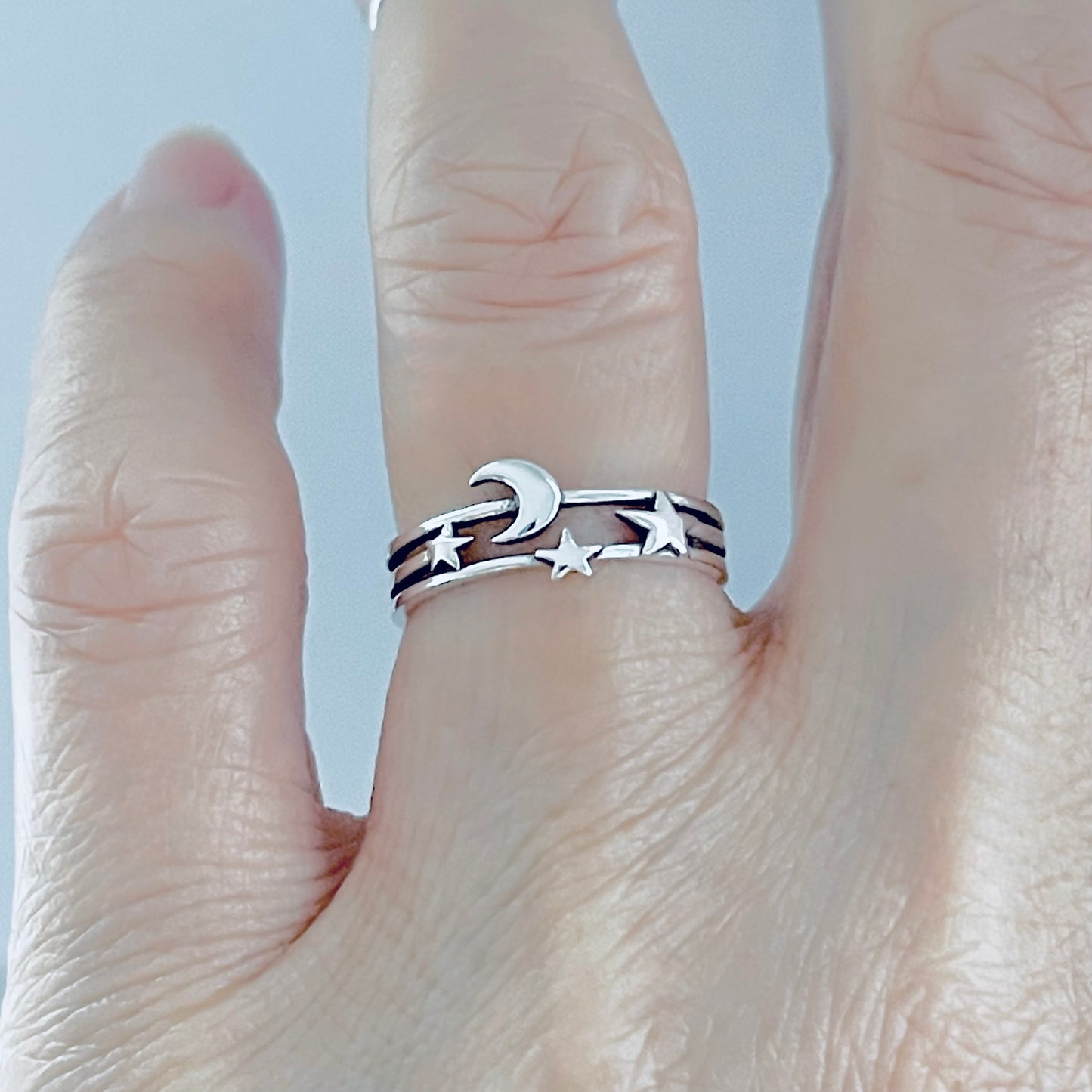 925 Sterling Silver Delicate Moon and Stars Ring | Celestial Minimalist Silver Rings