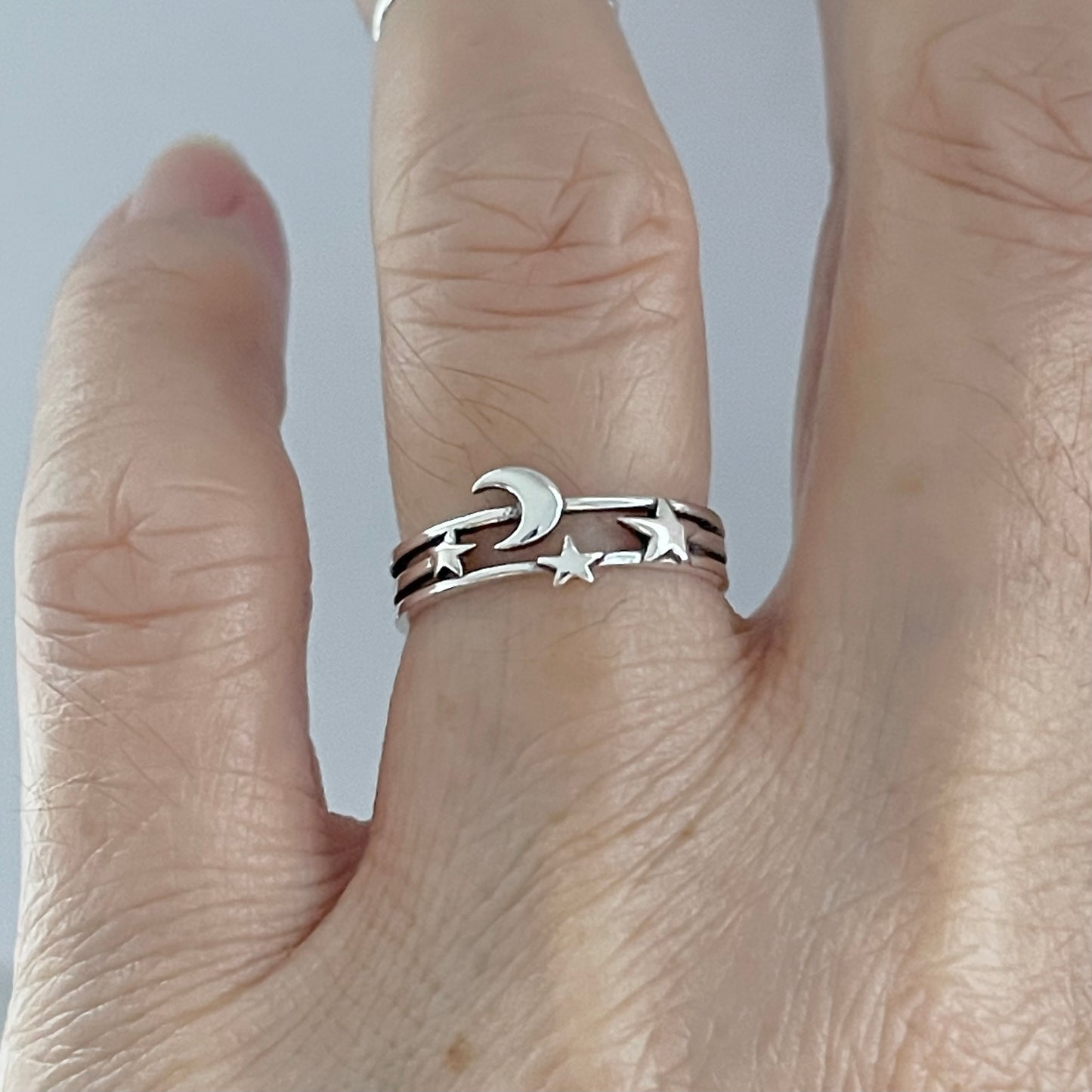 Sterling Silver Delicate Moon and Stars Ring, Minimalist Ring, Celestial Silver Rings