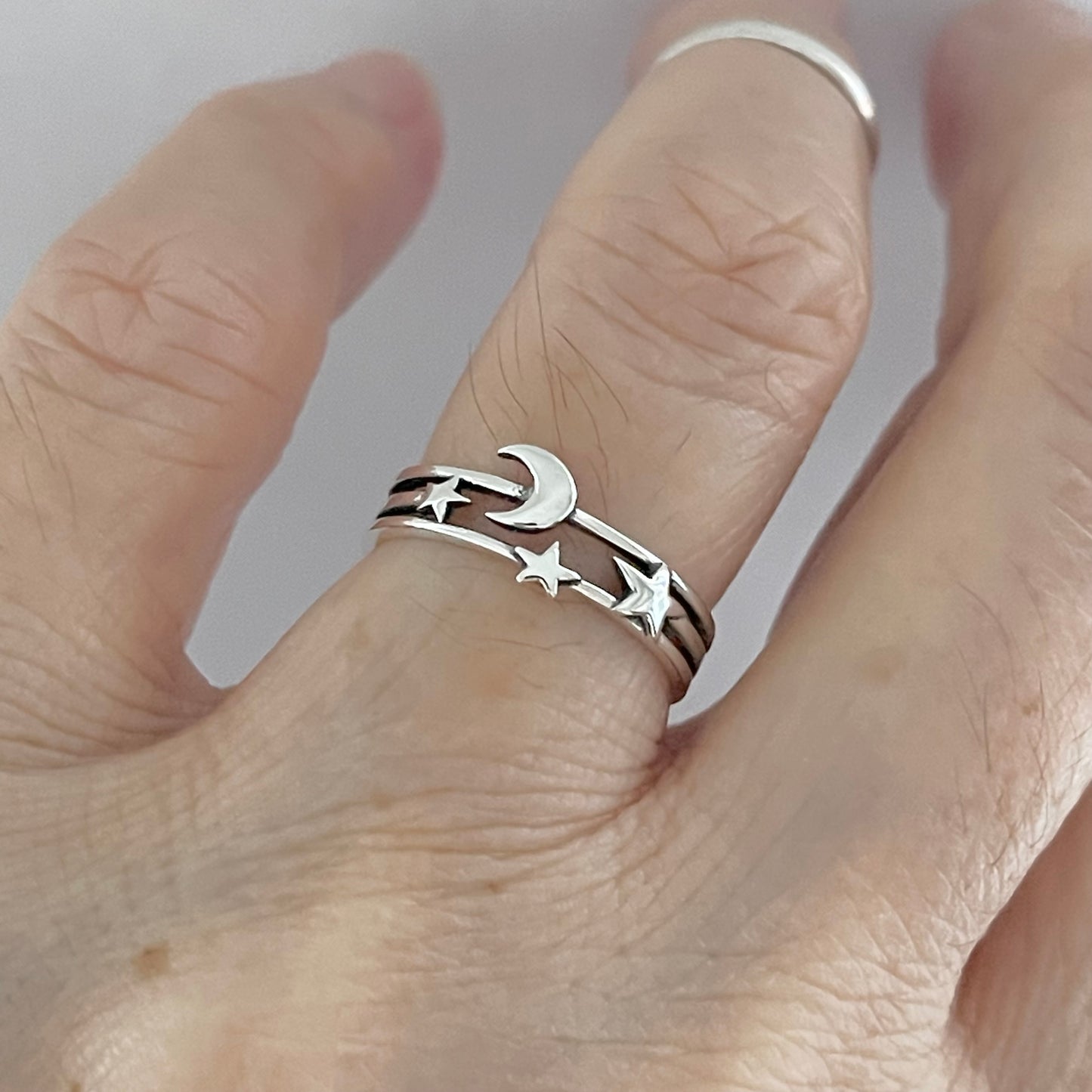 Sterling Silver Delicate Moon and Stars Ring, Minimalist Ring, Celestial Silver Rings