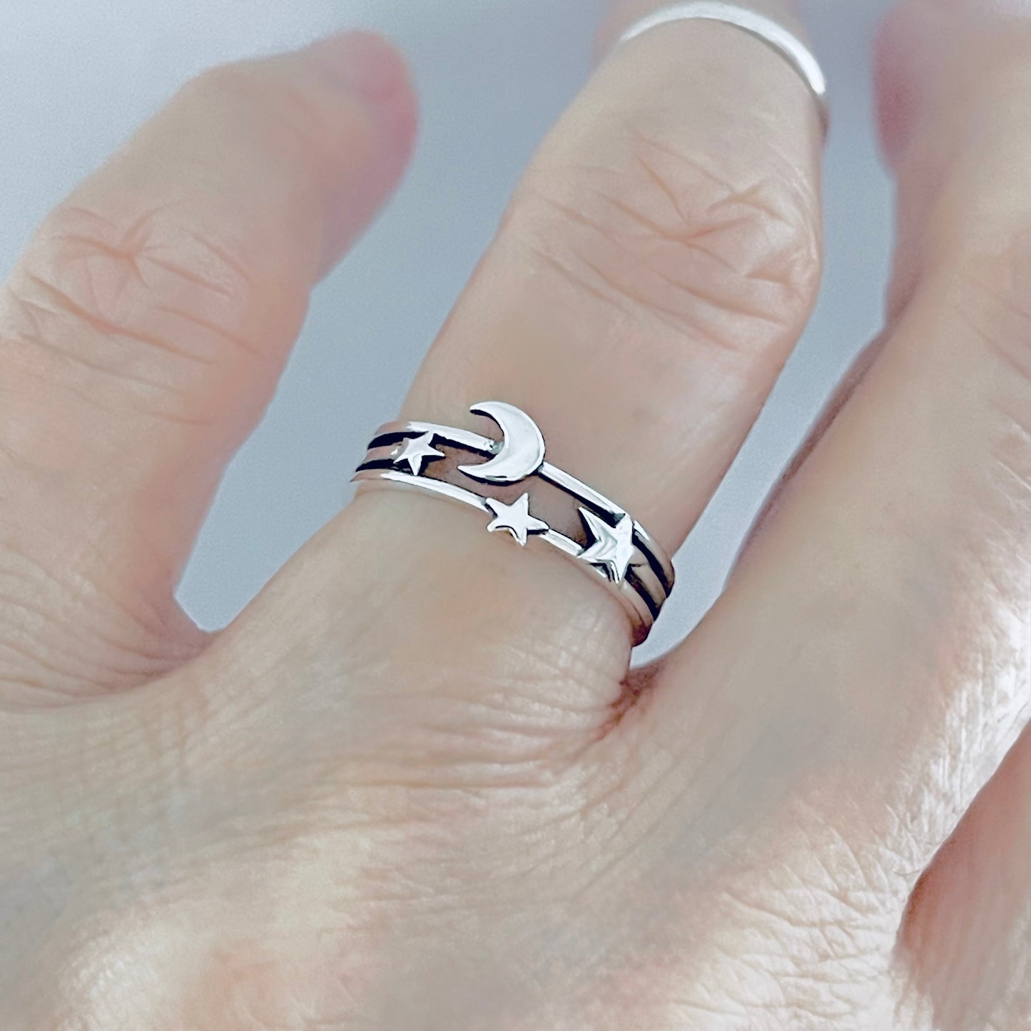 925 Sterling Silver Delicate Moon and Stars Ring | Celestial Minimalist Silver Rings
