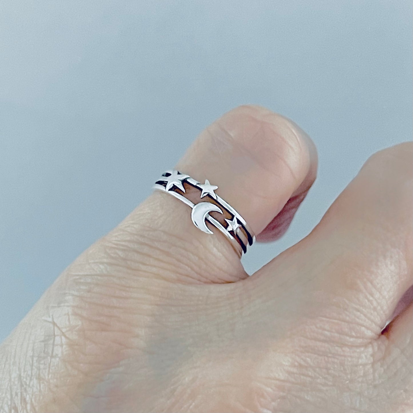 925 Sterling Silver Delicate Moon and Stars Ring | Celestial Minimalist Silver Rings