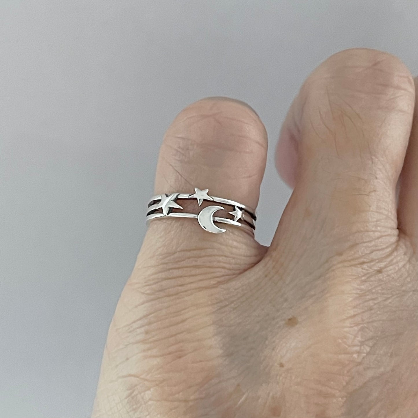 Sterling Silver Delicate Moon and Stars Ring, Minimalist Ring, Celestial Silver Rings