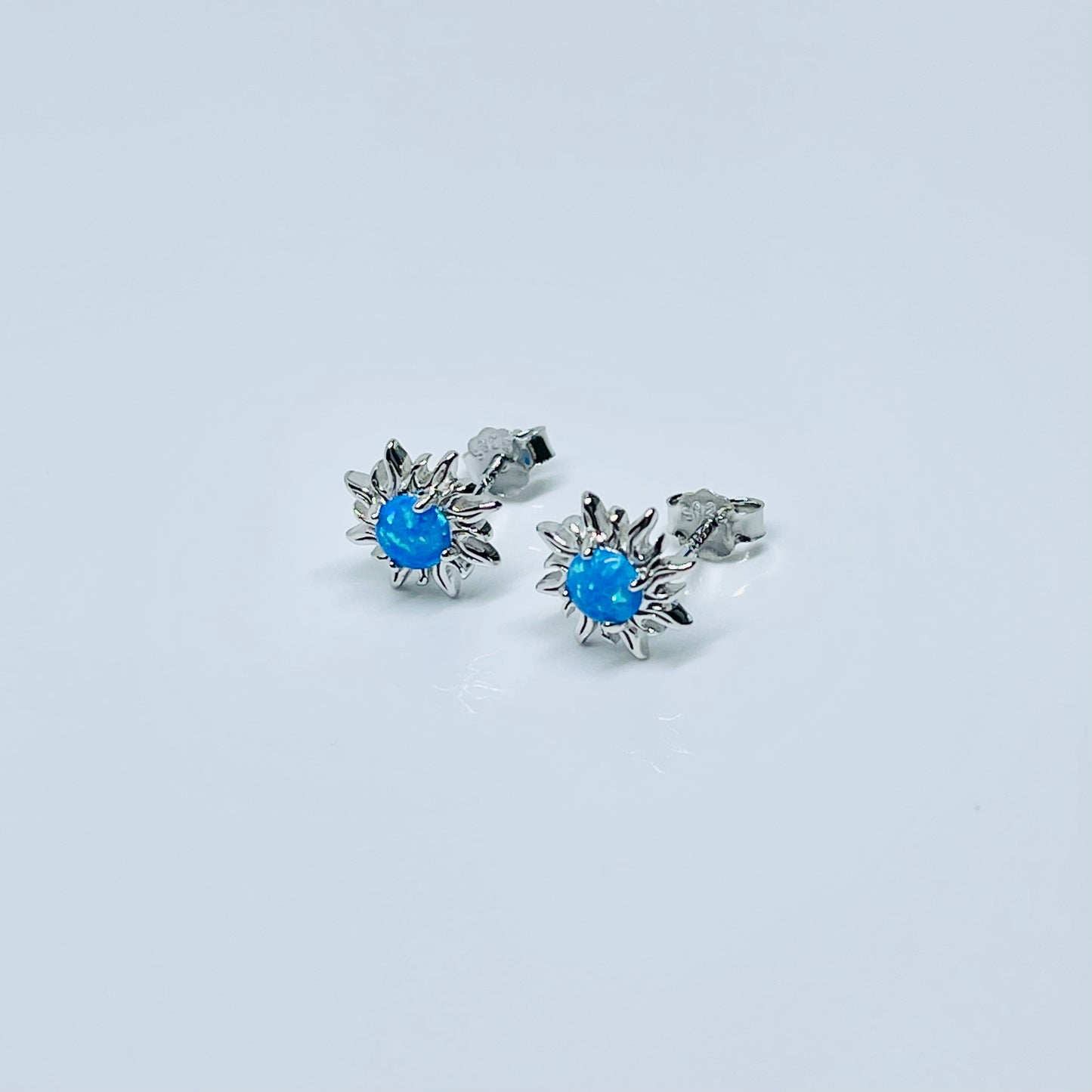 Sterling Silver Blue Lab Opal Blazing Sun Stud Earrings – Celestial Sunshine Silver Earring