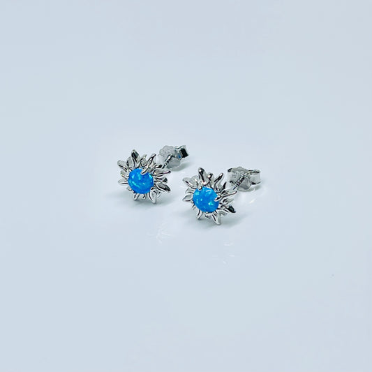 Sterling Silver Blue Lab Opal Blazing Sun Stud Earrings – Celestial Sunshine Silver Earring