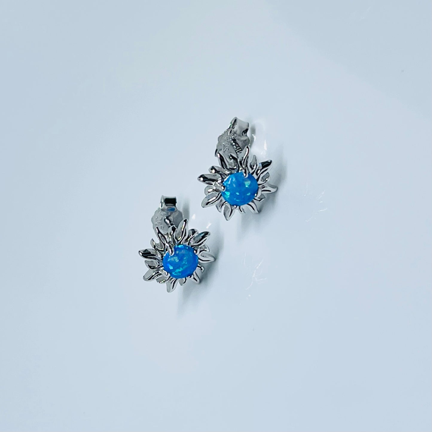 Sterling Silver Blue Lab Opal Blazing Sun Stud Earrings – Celestial Sunshine Silver Earring