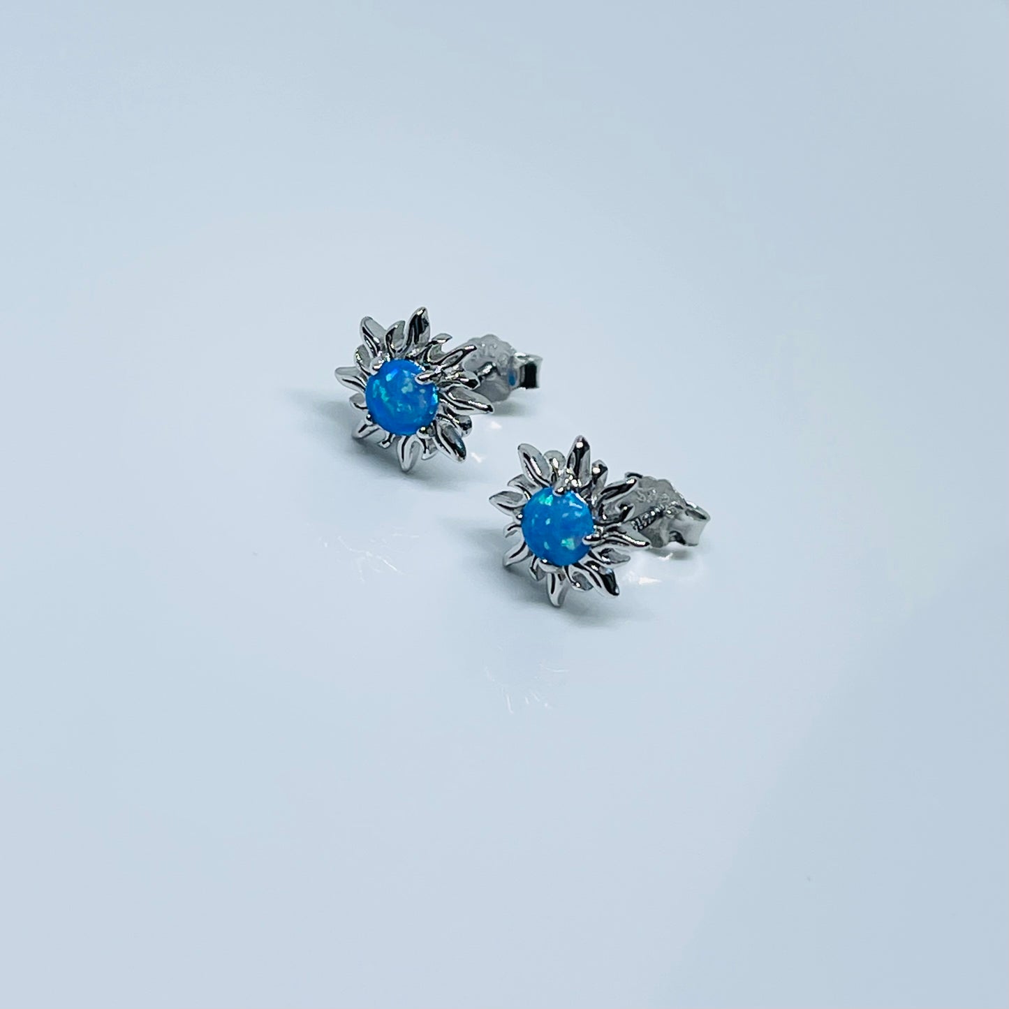 Sterling Silver Blue Lab Opal Blazing Sun Stud Earrings – Celestial Sunshine Silver Earring