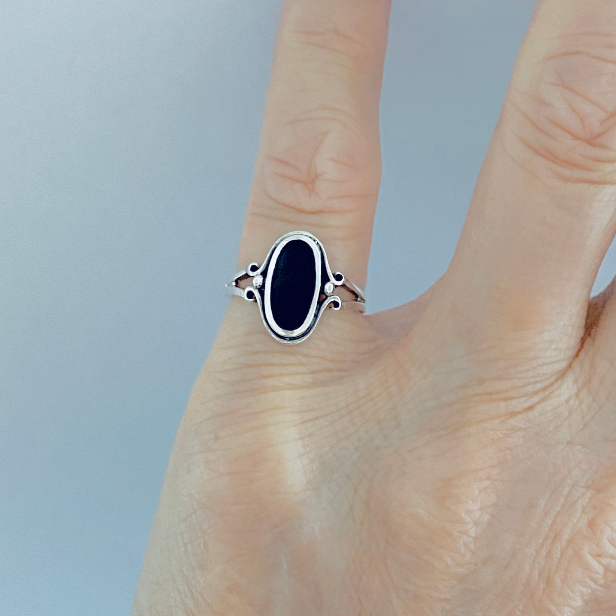 925 Sterling Silver Oval Black Onyx Ring | Dainty Stone Silver Rings
