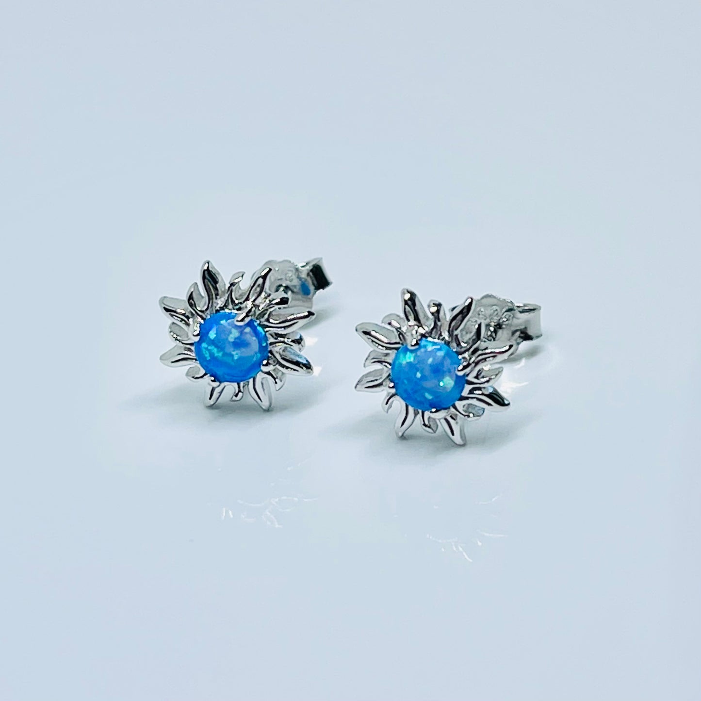 Sterling Silver Blue Lab Opal Blazing Sun Stud Earrings – Celestial Sunshine Silver Earring