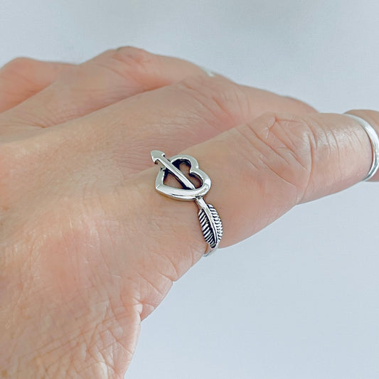 925 Sterling Silver Bow and Arrow Pierced Heart Ring | Forever Deep Love Silver Rings