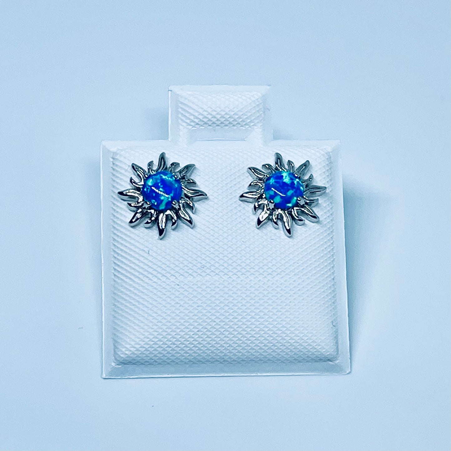 Sterling Silver Blue Lab Opal Blazing Sun Stud Earrings – Celestial Sunshine Silver Earring