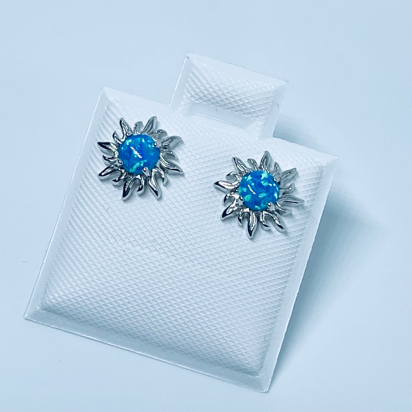 Sterling Silver Blue Lab Opal Blazing Sun Stud Earrings – Celestial Sunshine Silver Earring