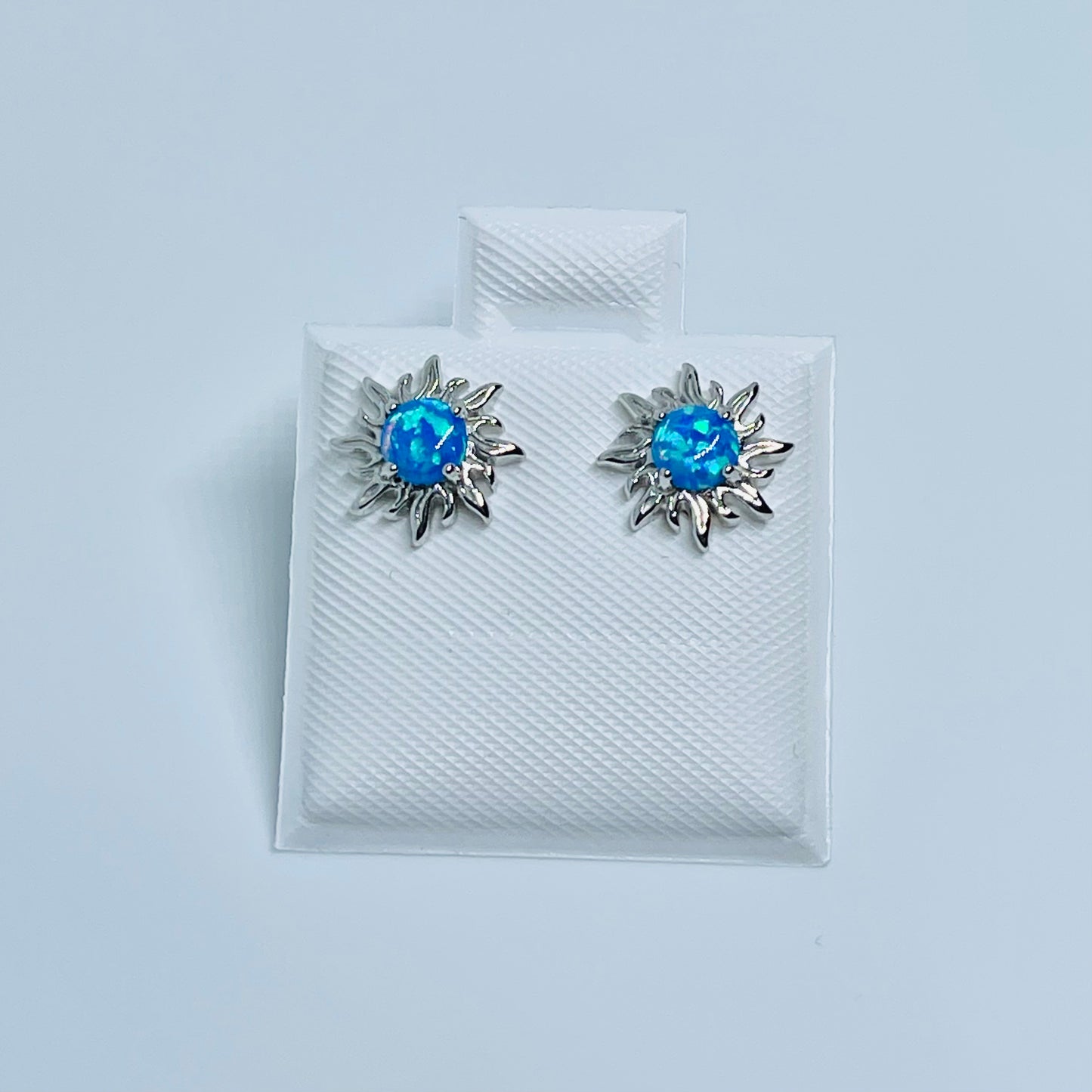 Sterling Silver Blue Lab Opal Blazing Sun Stud Earrings – Celestial Sunshine Silver Earring