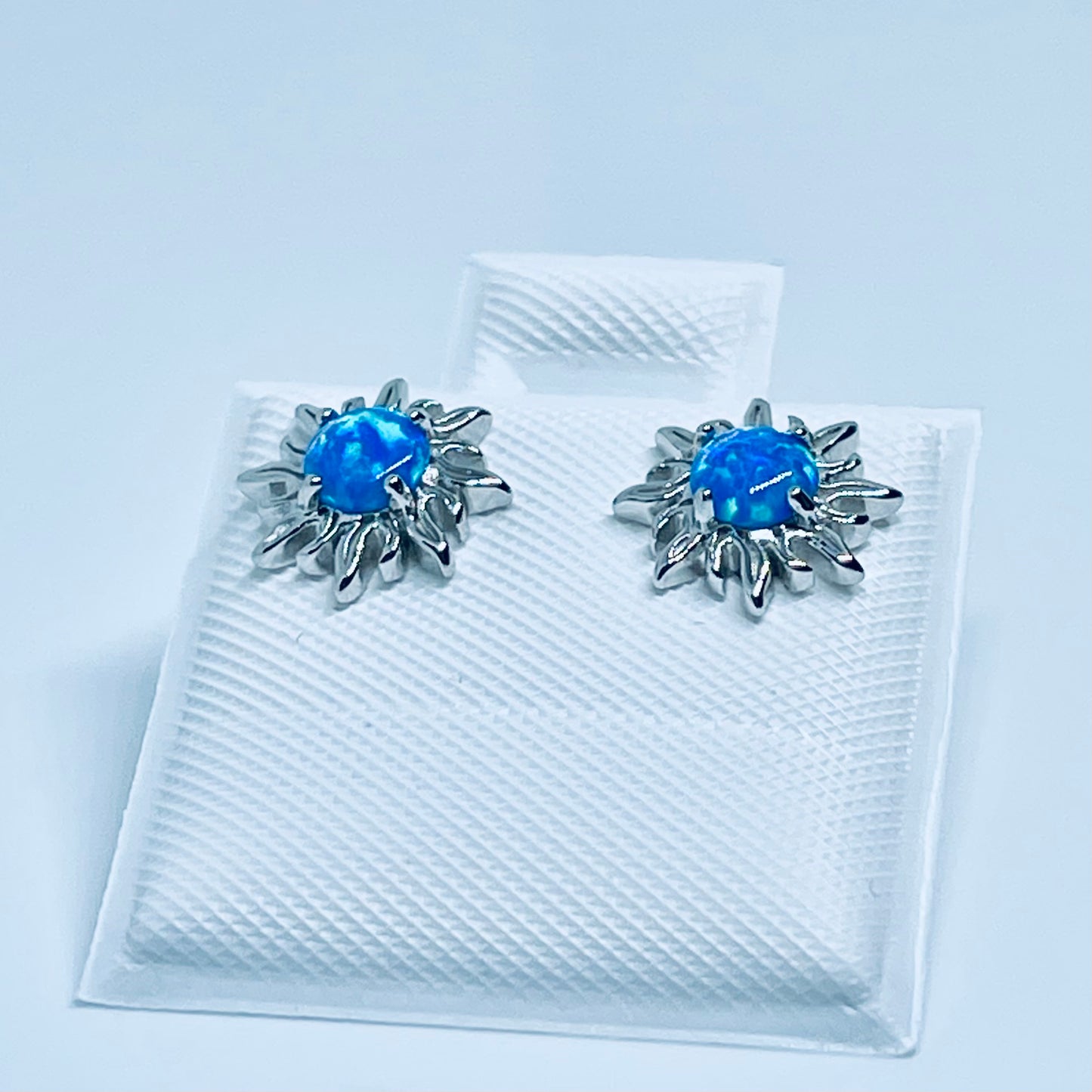 Sterling Silver Blue Lab Opal Blazing Sun Stud Earrings – Celestial Sunshine Silver Earring