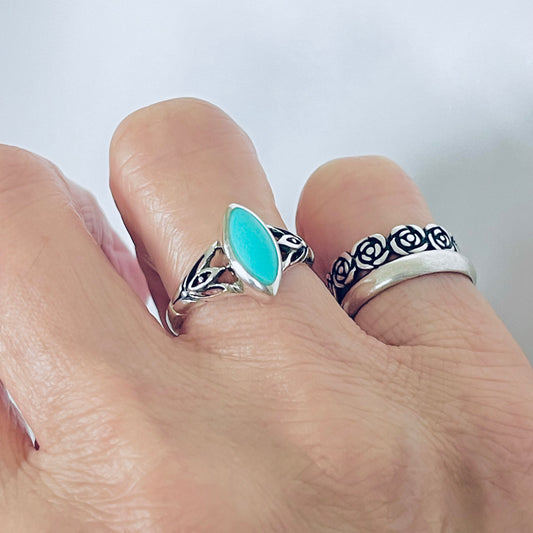 Sterling Silver Diamond Shape Synthetic Turquoise Ring | Boho Stone Jewelry
